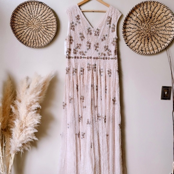 NWT Mac Duggal 93575 Embellished Wrap Over Cap Sleeve A-Line Gown Blush Size 18 - Picture 14 of 16